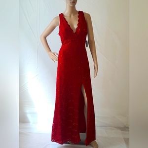 Nightway Long Elegant Lace Dress with side slit -Red